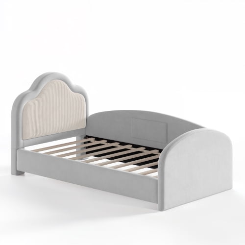 Twin Size Upholstered Kids Floor Bed with Curved Headboard, Safety Side Rails and Storage Pocket, Light Gray