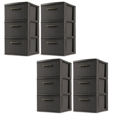 4 Drawer Tower - Sterilite 3 Drawer Wicker Weave Decorative Storage Tower, Espresso (4 Pack)