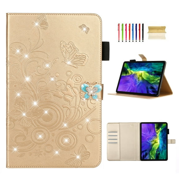 Feishell Folio Case for iPad 10th Gen 10.9" 2022,with Pencil Holder,Slim Fit Butterfly Embossed Pattern PU Leather Bling Glitter Diamond Flip Holder ID Credit Card Slots Protective Cover,Gold