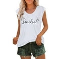 thumbnail image 2 of Summer Cute Tops for Women Trendy with Letter Print Casual Loose Fit Cap Sleeve Tanks Crew Neck Tees (XL, White), 2 of 5