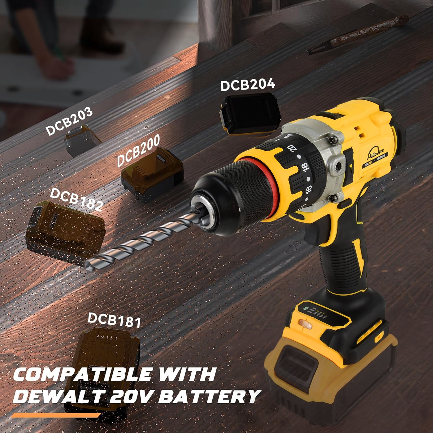 Hammer Drill Compatible with Dewalt 20V Max Battery (No Battery) Cordless Drill/Driver with Brushless Motor, 1/2" Keyless Metal Chuck,for Drilling Brick Wall, Metal, Wood, Screws (Yellow)