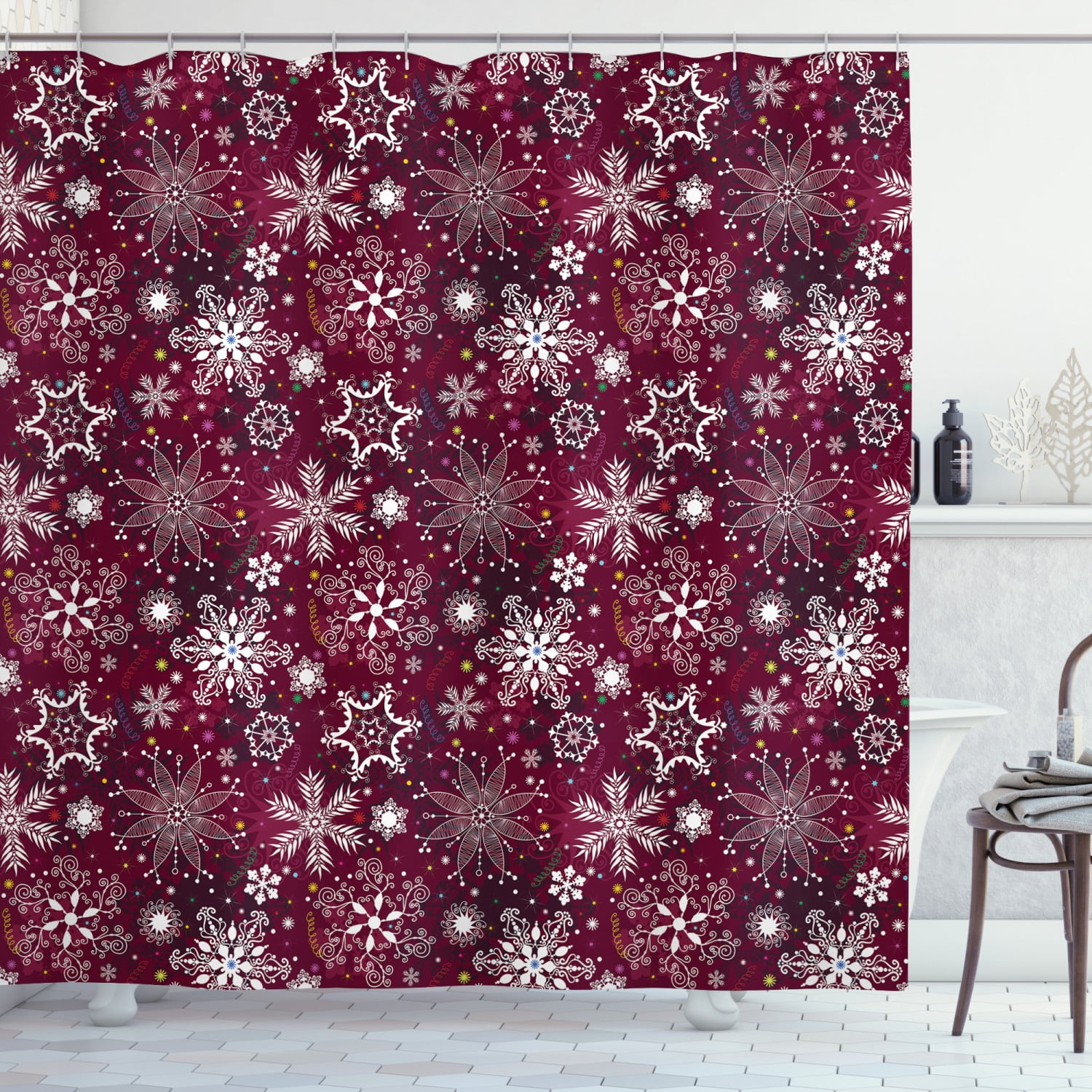 Snowflake Shower Curtain, Colorful Festive Christmas Pattern with