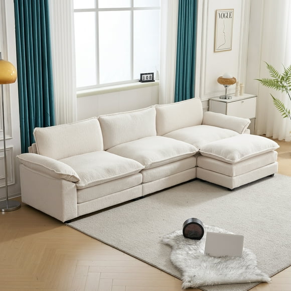 Ktaxon 120" W Sectional Sofa Modern Convertible Couch with Double Cushions L Shaped Sofa with Reversible Chaise, Teddy Velvet Sofa Set with 3 Wider Seater Teddy White