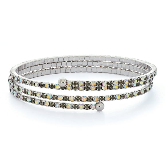 X & O Rhodium Plated Crystal Three Row Flex Bangle in Black Diamond and Crystal AB Combination