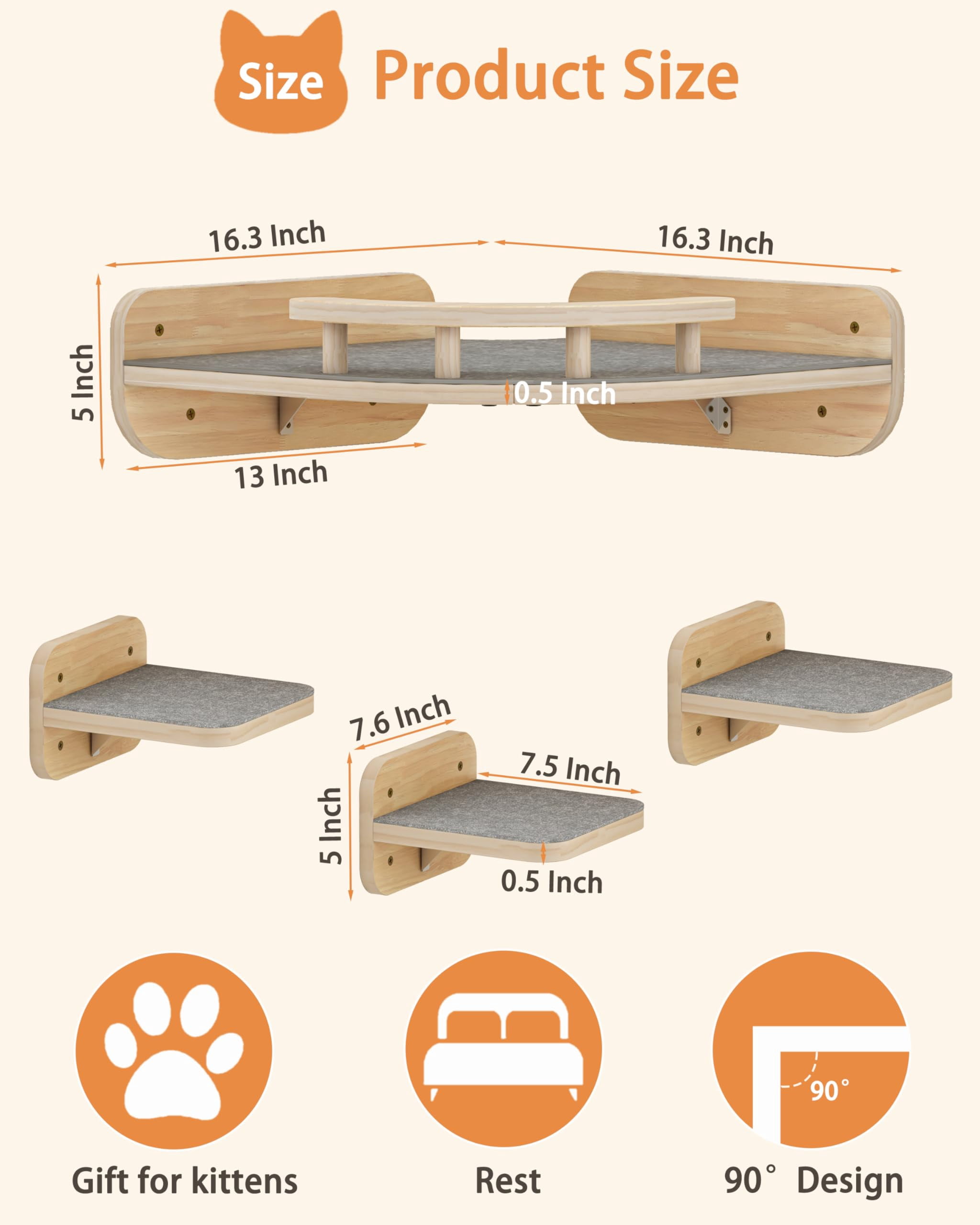 Cat Wall Furniture - Corner Climbing Shelf With 3 Wide Steps  Modern Floating Stairs For Indoor Cats Up To 30 Lbs Wood Color