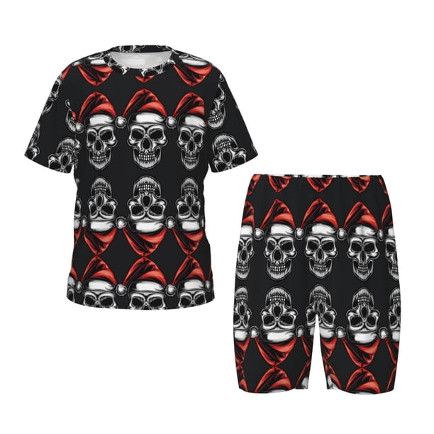 Balery Skull santa hat Conjunto de Pijama Infantil de Manga Corta con Estampado – Ropa de Dormir de Algodón Suave-XX-Large