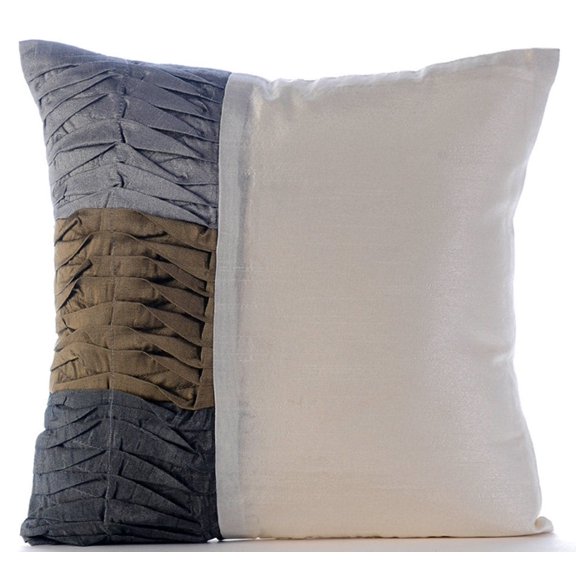 Cushion Covers For Couch, Ivory Decorative Cushion Cover 16x16 inch (40x40 cm), Silk Pillowcases, Striped, Pintucks, Patchwork, Textured, Striped, Modern - Grey & Earthy Green Waves