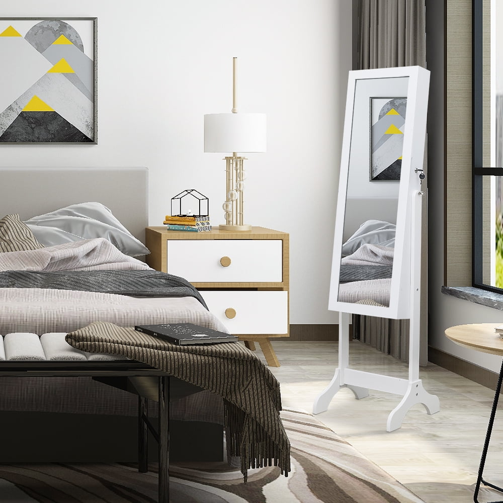 Kepooman Non Full Mirror Wooden Floor Standing 4-Layer Shelf Jewelry Storage Adjustable Mirror Cabinet - White Kepooman Non Full Mirror Wooden Floor Standing 4-Layer Shelf Jewelry Storage Adjustable Mirror Cabinet - White
