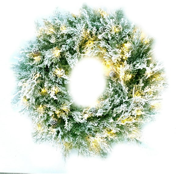 AYAMAYA Pre-Lit Snow Flocked Christmas Wreaths with Lights - 24 Inch Mixed Spruce Christmas Wreath w/ 50 Warm White LED Lights, Battery-Operated Xmas Wreath for Front Door Window Fireplace Decoration