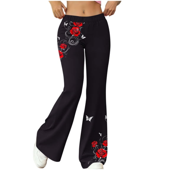 Women's Flare Yoga Pants Stretch Elastic Waist Floral Printed Long Palazzo Lounge Bell Bottoms Daily Trousers