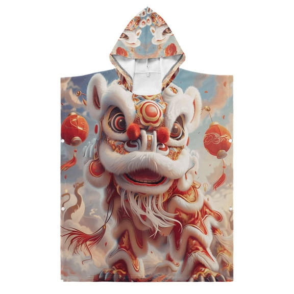 Kid Hooded Beach Towel Bath Poncho Towels Soft Absorbent Quick Dry for Boy Girl Chinese Lion Dance S