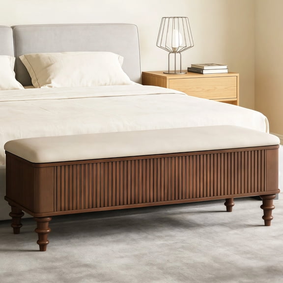 MDQMD 50" End of Bed Storage Bench Queen Size Wood with Fluted, Mid Century Modern Walnut Entryway Bench with Storage,Linen Upholstered Benches for Bedroom,Hallway, Window Seat,and Front