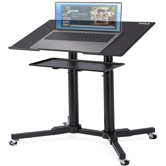 Pyle Lectern Podium Stand – Adjustable Height Mobile Podium with Top & Bottom Shelf, LED Reading Light, Locking Rubber Wheels, Portable Rolling Desk for Classrooms & Presentations