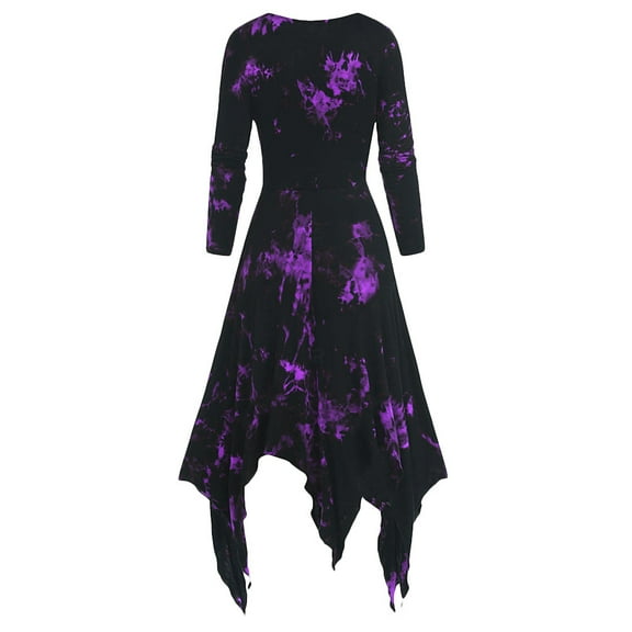 Fesfesfes Long Sleeve Dresses For Women Dress Plus Size Tie-Dye Print Lace-up Handkerchi Gothic Dress