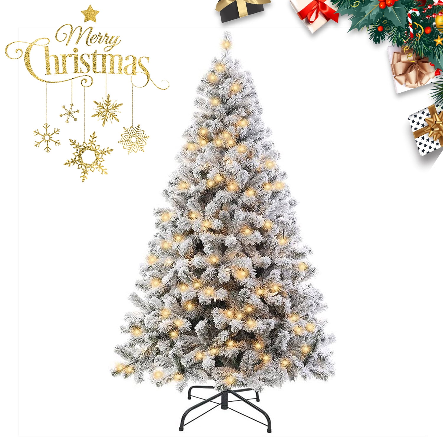 7ft Artificial Christmas Tree with Flocked Snow Strung Lights Xmas Holiday  Decoration, 600 Branch Tips Easy Assembly, for Home, Office, Party -  