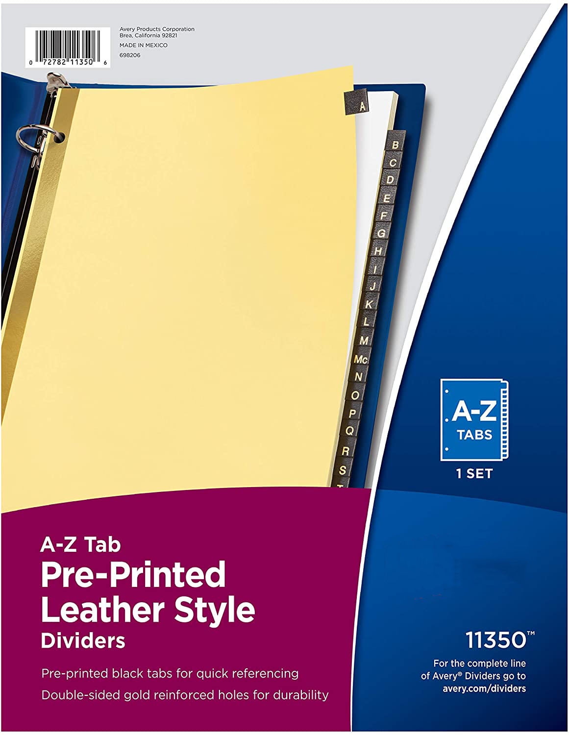 AZ Tab Binder Dividers, PrePrinted Black Leather Style Tabs, 25Tab