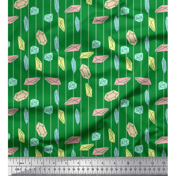 Soimoi Green Georgette Viscose Fabric Crystals & Stripe Print Sewing Fabric BTY 42 Inch Wide