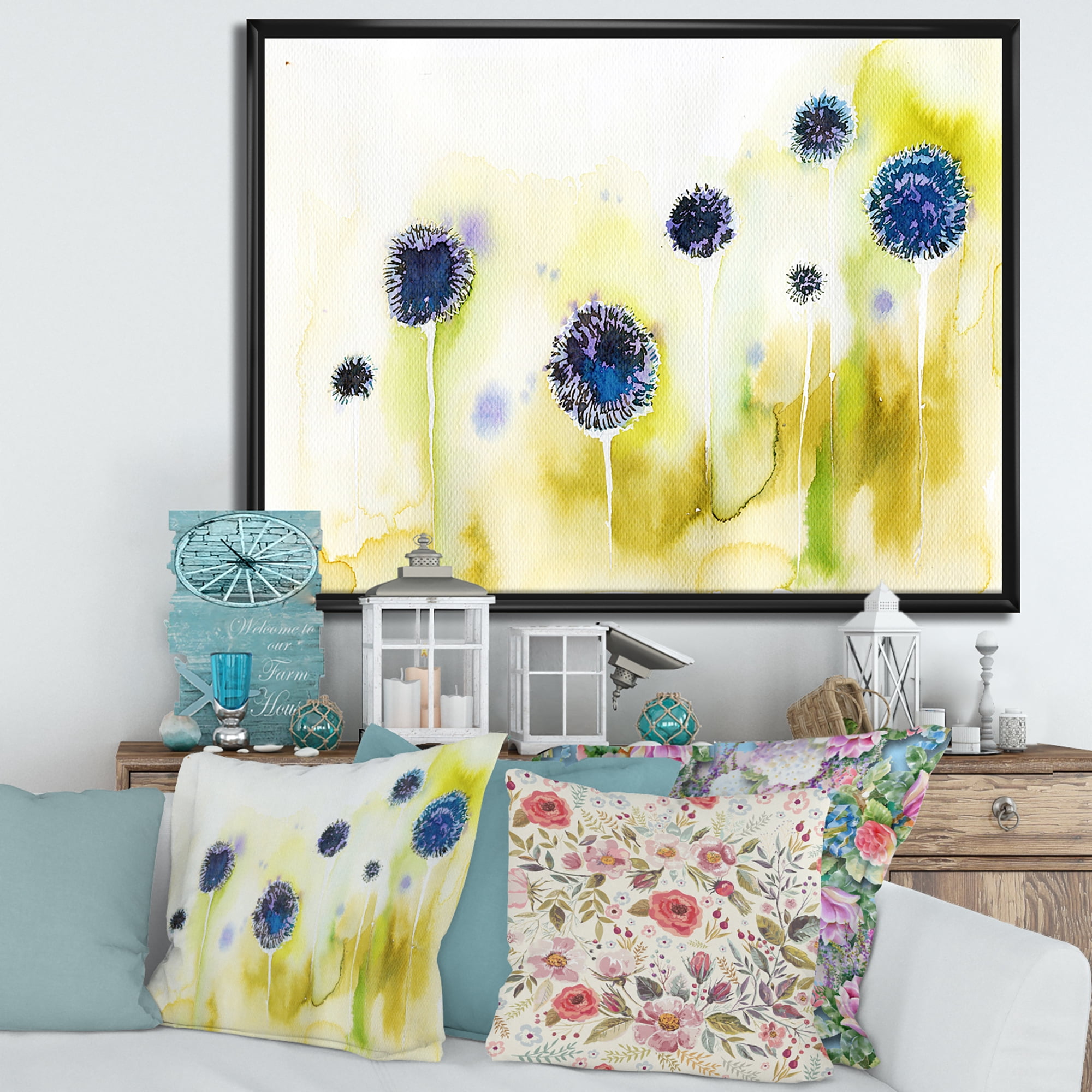 Designart 'Abstract Blue Flowers In The Meadow' Traditional Framed Canvas Wall Art Print
