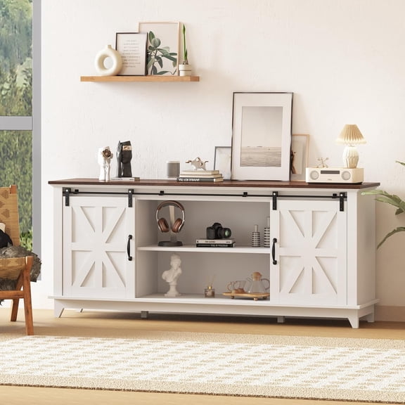 Home Farmhouse TV Stand for 75 in Television, Wood Entertainment Center with Storage & Barn Doors, Adjustable Shelf Media TV Console Table Cabinet for Living Room, 66 in Large, White