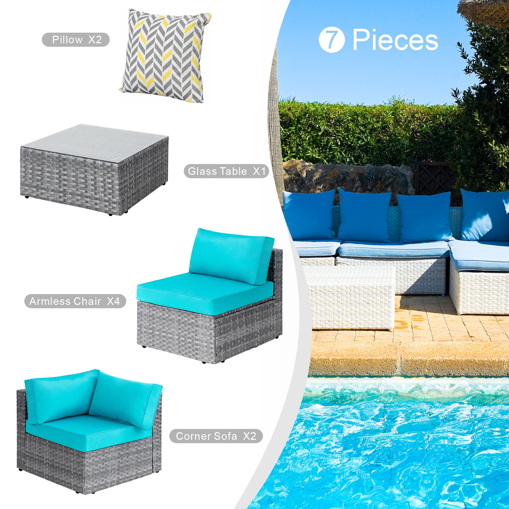 Walsunny 7 Piece Outdoor Patio Furniture Set, All-Weather PE Rattan Wicker Modular Sectional Conversation Sofa Set with Thick Cushions & Glass Coffee Table for Backyard, Poolside, Garden, Blue