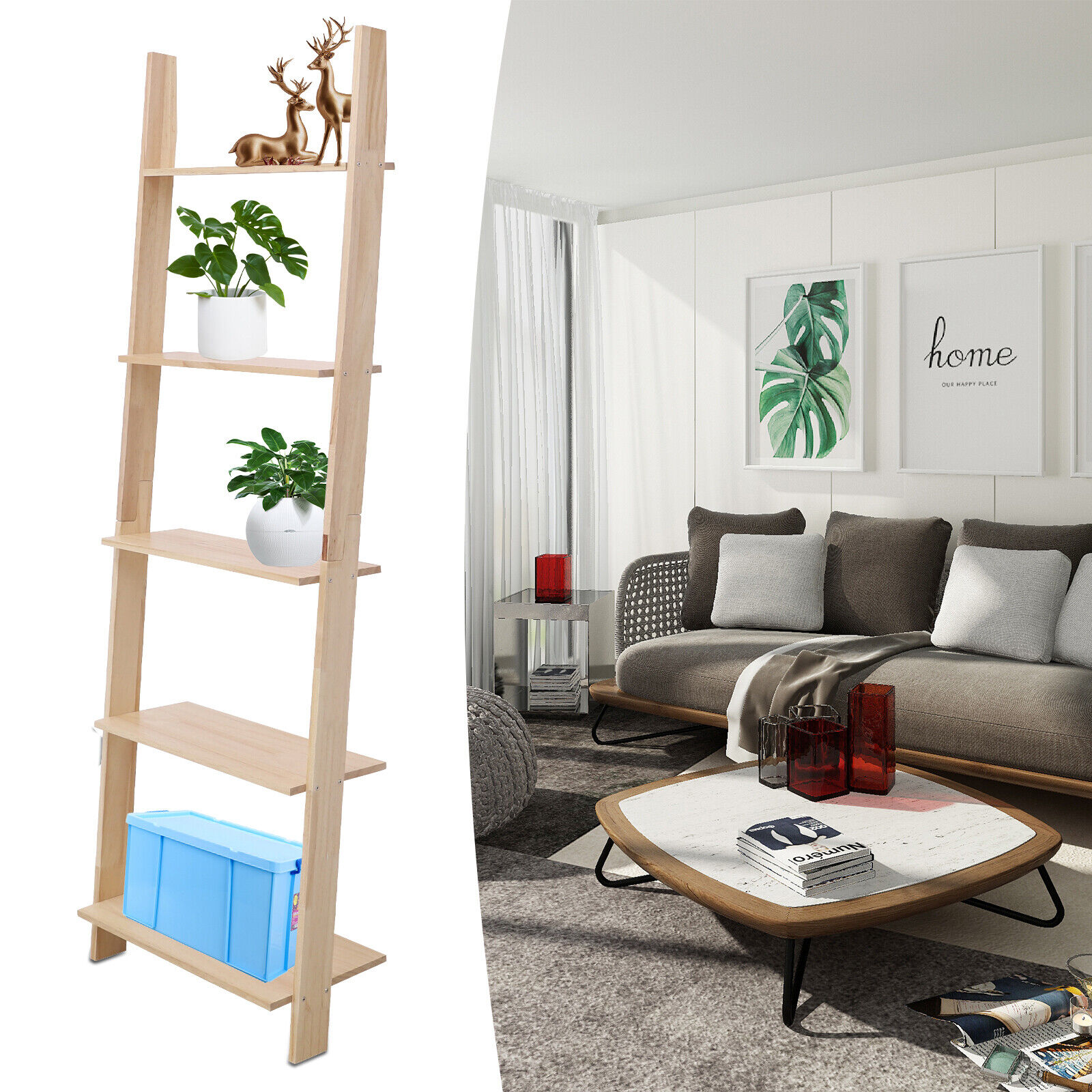5Tier Bookshelf Solid Wood Storage Rack Wall Leaning Ladder Shelf