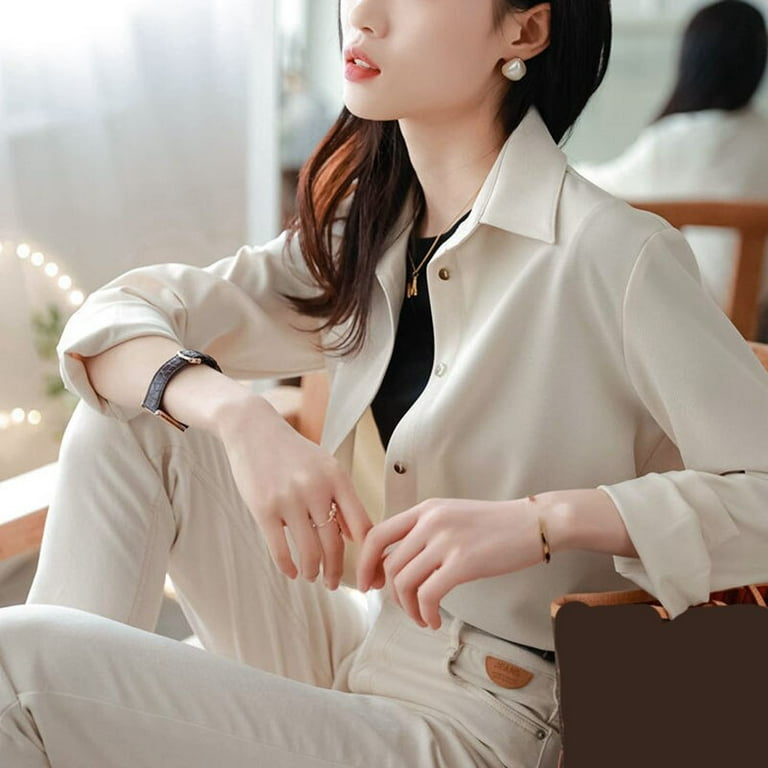 PIKADINGNIS Korean Fashion Office Shirt for Women Elegant Turndown Collar  Long Sleeve Blouses Ladies Solid Button Casual Blouse Top 