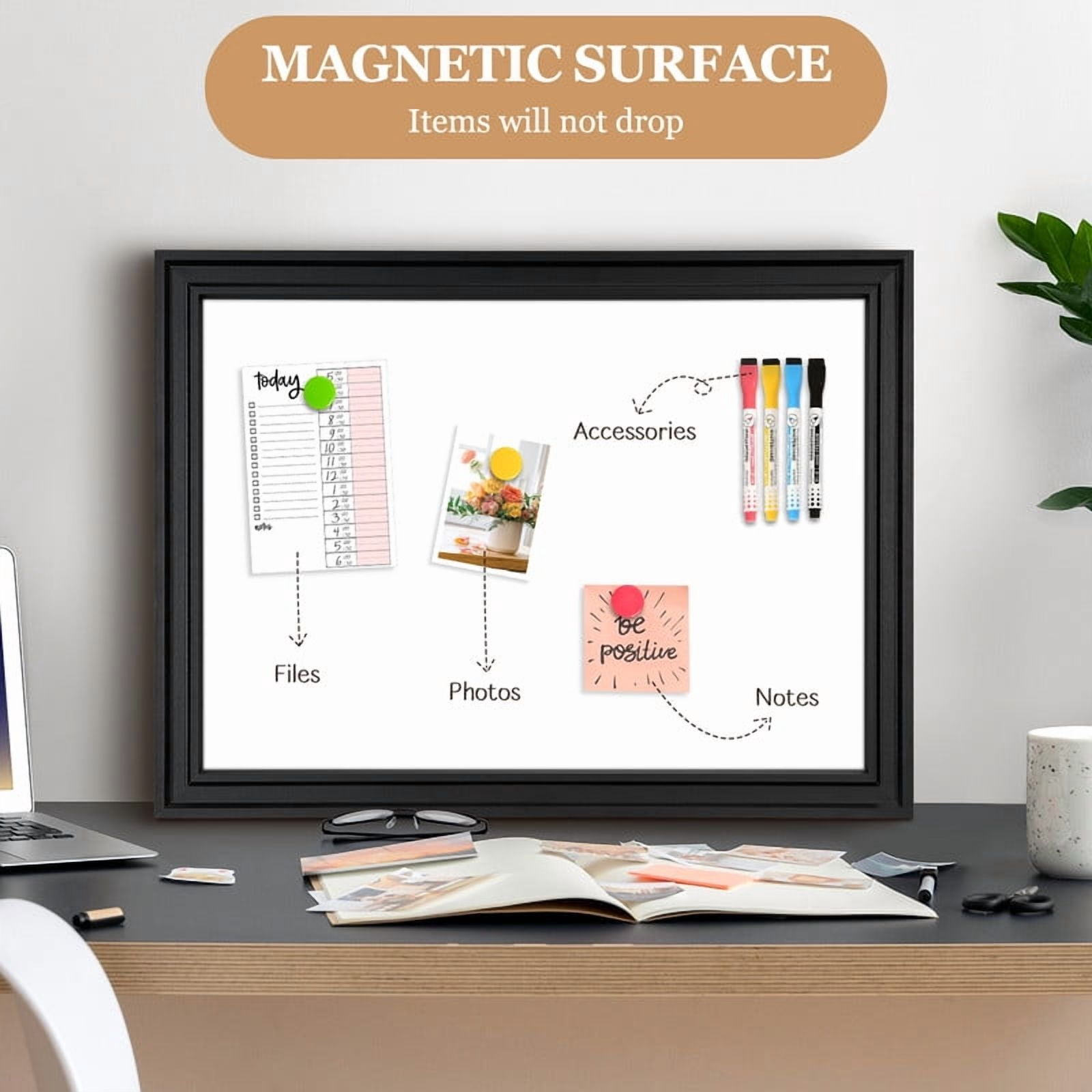DOLLAR BOSS Large Magnetic White Board Dry Erase Board for Wall with Real Wooden Frame, 36" x 24", Wall Mount, Includes 4 Color Markers, Eraser and 4 Magnets,Home Office Products, Black Frame