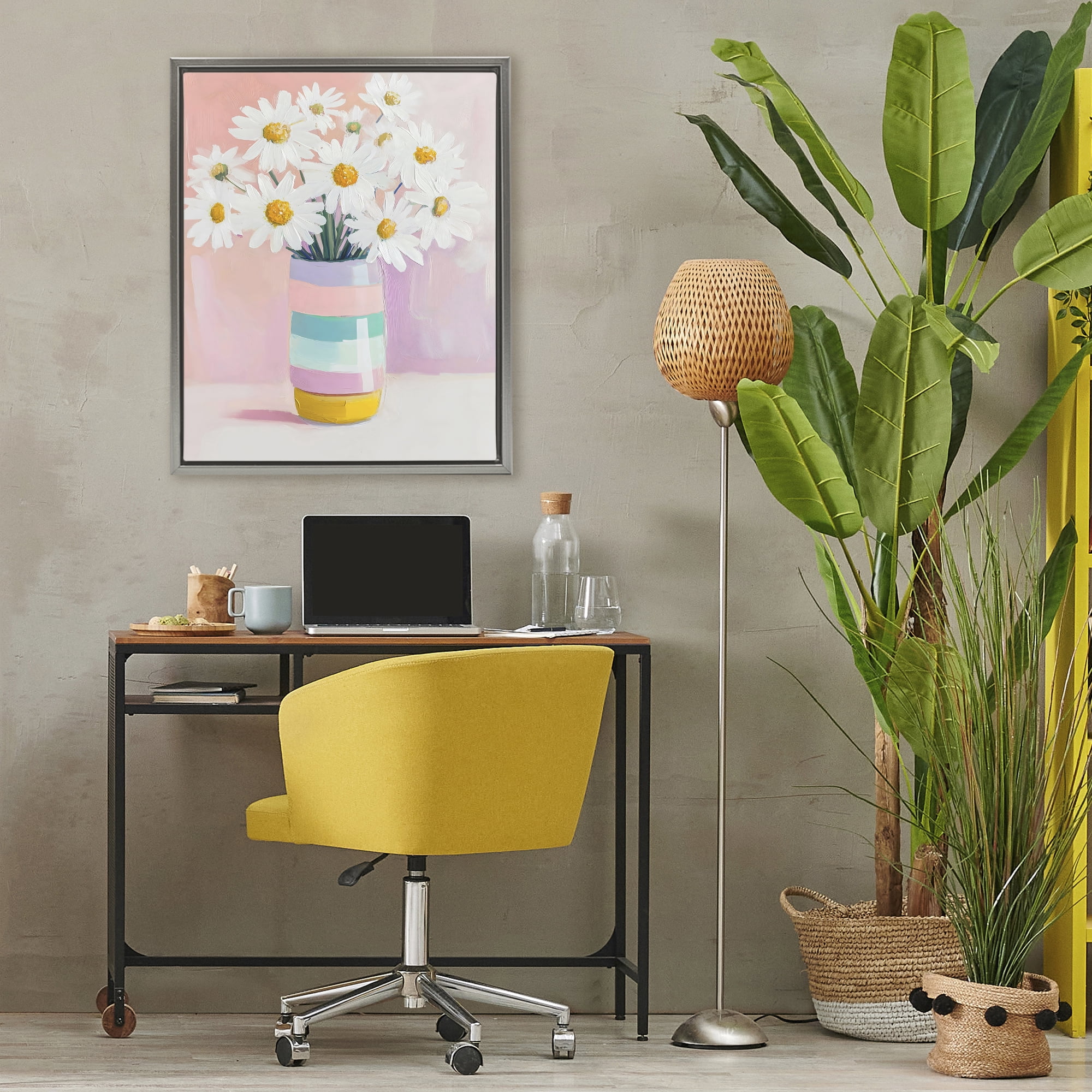 Stupell Industries Daisies in Striped Vase Gray Framed Floater Canvas Wall Art, design by The Prints Vibe