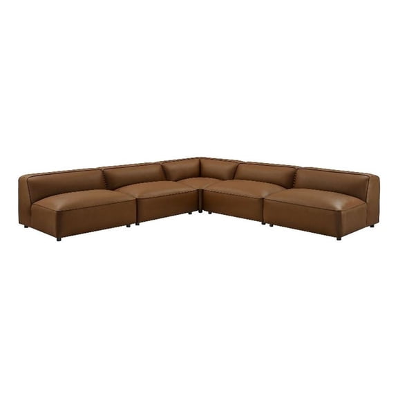 Maklaine Contemporary Vegan Leather Upholstered 5-Piece Sofa in Coffee