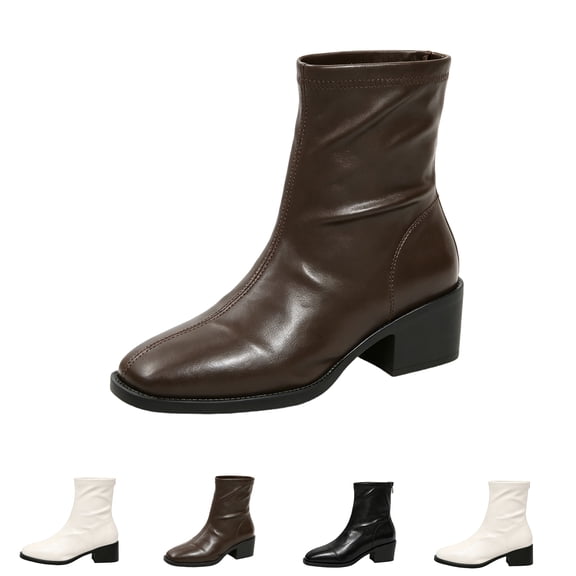 Stretch Slim Fit Boots for Women Square Toe Block Heel Versatile Casual Spring Autumn Ankle Boots