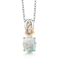 Gem Stone King 925 Silver and 10K Yellow Gold Oval Cabochon White Simulated Opal and White Lab Grown Diamond Pendant Necklace for Women | 1.02 Cttw | with 18 inch Chain
