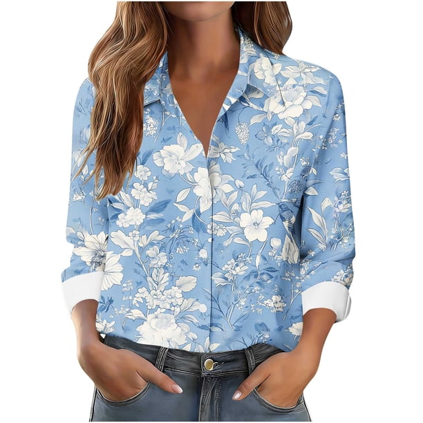 Camisa Impresa Casual de Manga Larga con Cuello de Botón de las Mujeres para el Uso Diario