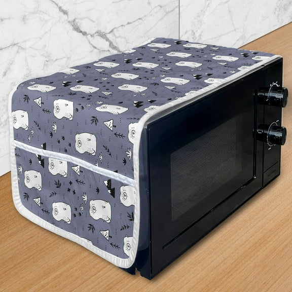 Polar Bear Microwave Oven Cover, Bears with Mountains Foliage and Trees Cartoonish Illustration, Water Resistant Organizer with Pockets for Kitchen, 36" x 12", Ceil Blue White, by Ambesonne