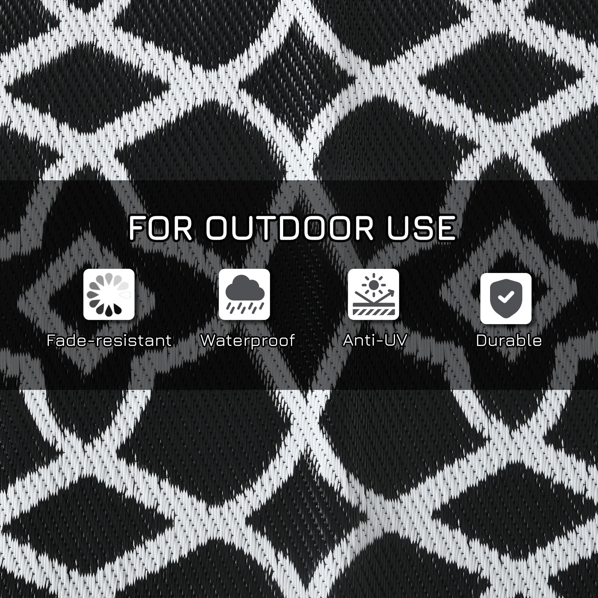 , Reversible Outdoor Rug, 9' x 12' Waterproof Plastic Straw Floor Mat, Portable RV Camping Carpet with Carry Bag, Large Floor Mat for Backyard, Deck, Picnic, Beach, Black & White Clover,