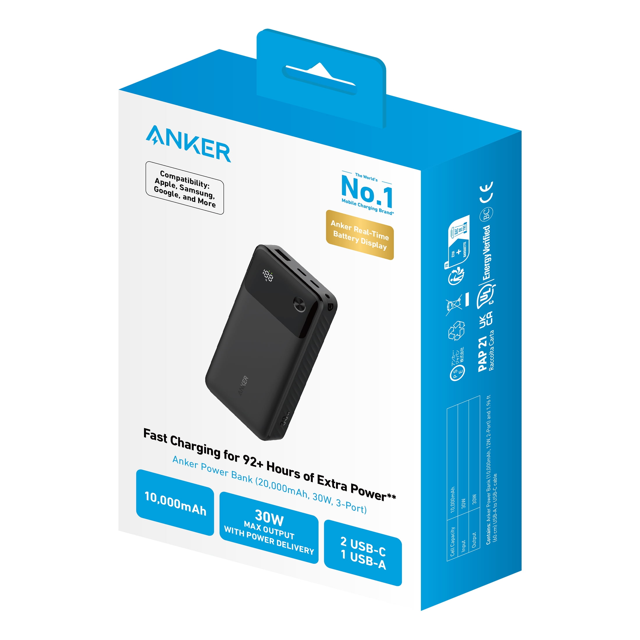 Anker Power Bank with Digital Screen (20,000mAh, 30W, 3-Port