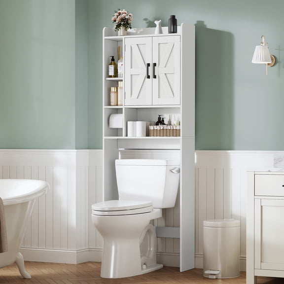 Over The Toilet Storage Cabinet with 4 Open Shelves and Adjustable Shelf, Extra Tall Bathroom Organizer Unit with 2 Barn Doors, Home Space Saver for Bathroom, Laundry Room, White