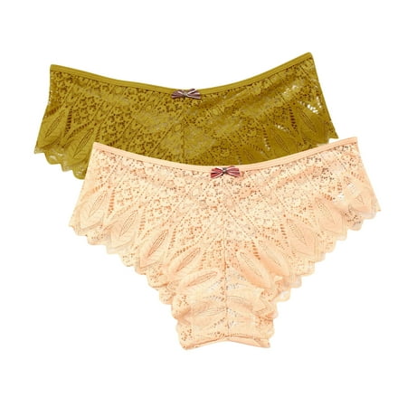 High Waisted Underwear Women 2pc Panties for Women Lace Thong Lace Breathable Underwear Scallop Thongs Ladies Plus Size Underpant Briefs Underwear Women Pack Thong Beige M