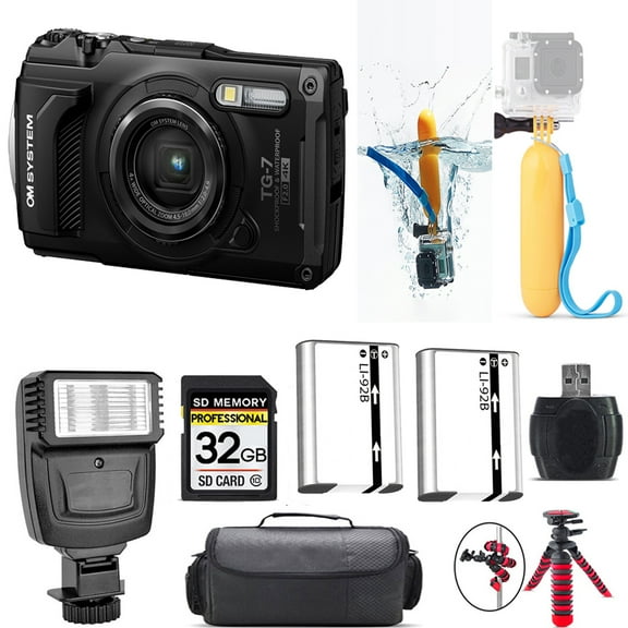 Olympus OM SYSTEM Tough TG-7 Digital Camera (Black)   Floating Hand Grip    Extra Battery   Flash - 32GB Kit