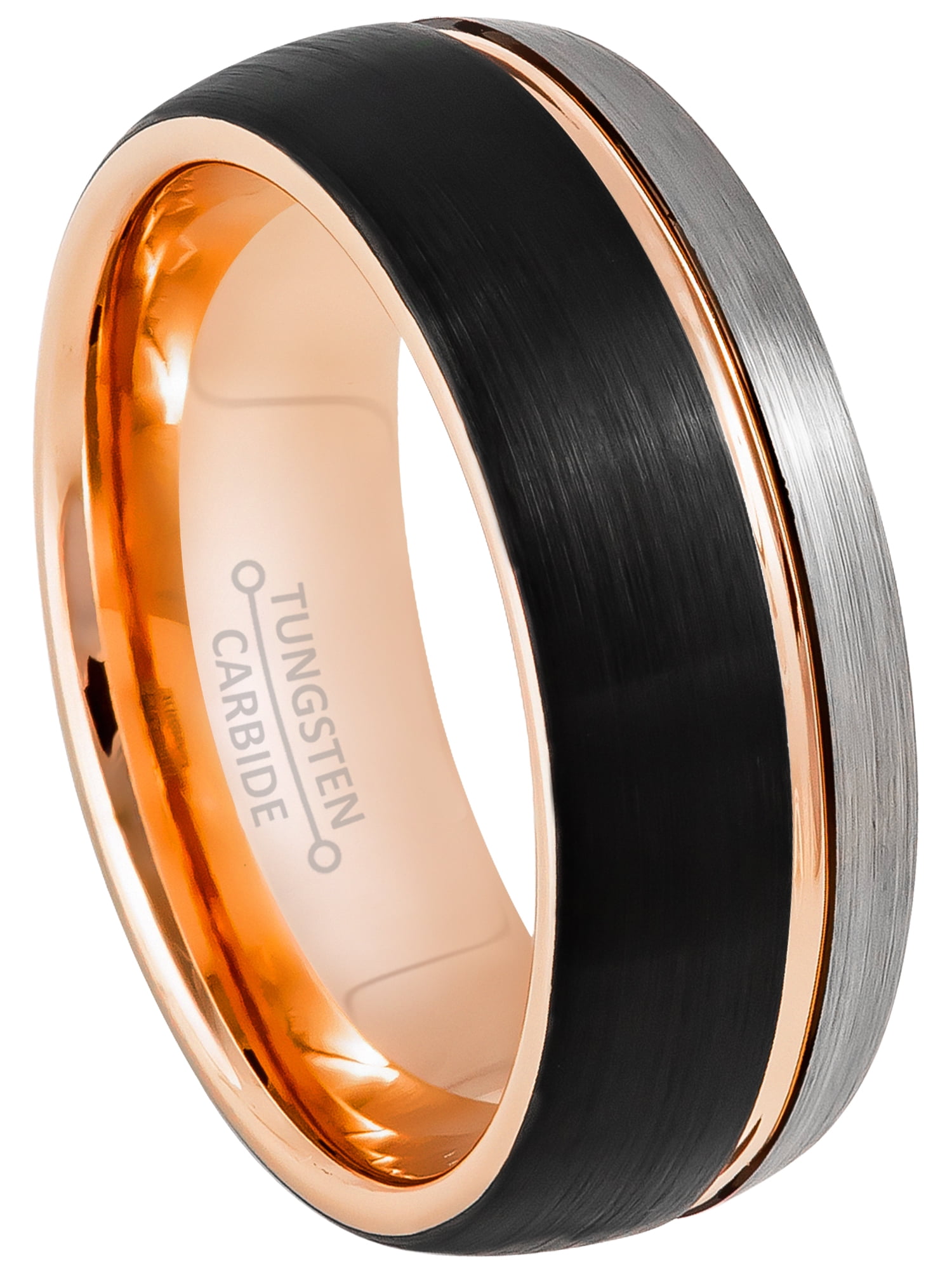 3Tone Dome Tungsten Wedding Band Black & Rose Gold Tungsten Carbide