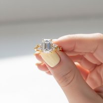 Jewelerix Emerald Cut Solitaire Anniversary Ring for Women Marquise Side Stones Moissanite Ring Classic 14K Yellow Gold Vermeil Ring Engagement Bridal Ring