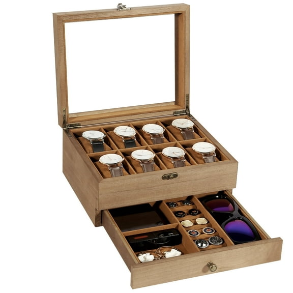 Uten 8-Slot Solid Wood Watch Box with Jewelry Drawer, Luxury Watch Display Case & Storage Organizer for Men with Velvet Lining, Brown