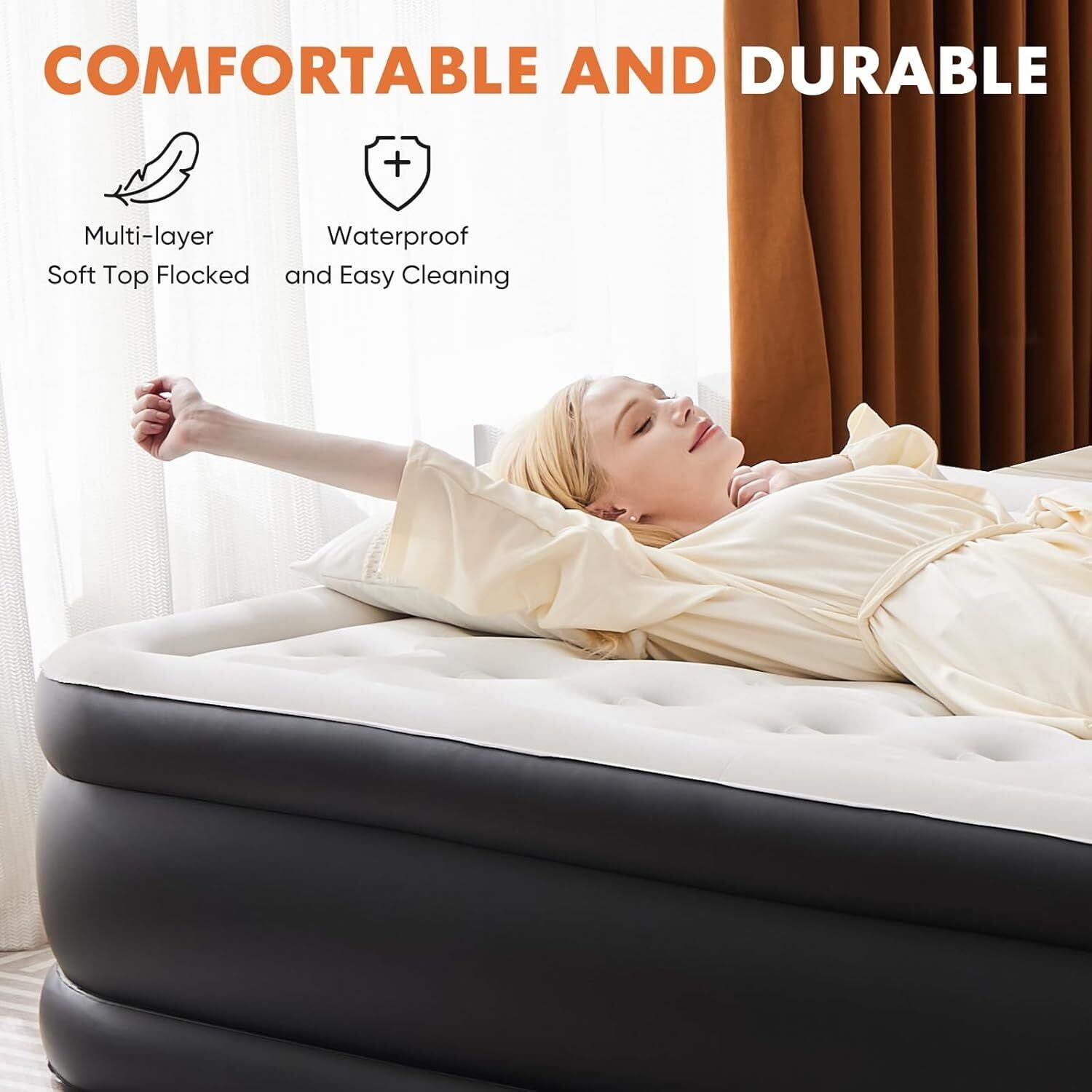 MarketLane Camping Air Mattress with Built-in Electric High-Speed Pump, 18" Bed Height, Comfort Blow Up Inflatable Airbed with Carrying Bag for Travel & Home Guests, Waterproof Foldable Portable,Queen