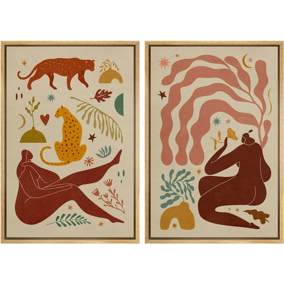 IDEA4WALL Framed Canvas Print Wall Art Set Mid-Century Body Positivity Cheetah Cat Abstract Nature Modern Art Decorative Bohemian Geometric Minimalism Prints for Rooms - Natural 24"x36"x3