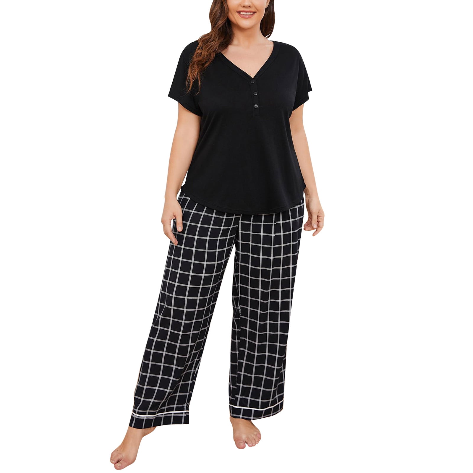 PEASKJP Womens Cotton Pajamas Set Long Sleeve Sweatsuit Matching 2 Piece Outfits Casual Sweater Sets Black XXXXL