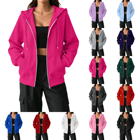 Women's Zip Up Hoodies Oversized Fleece Long Sleeve Sweatshirts Casual Fall Jacket Coat with Pocket