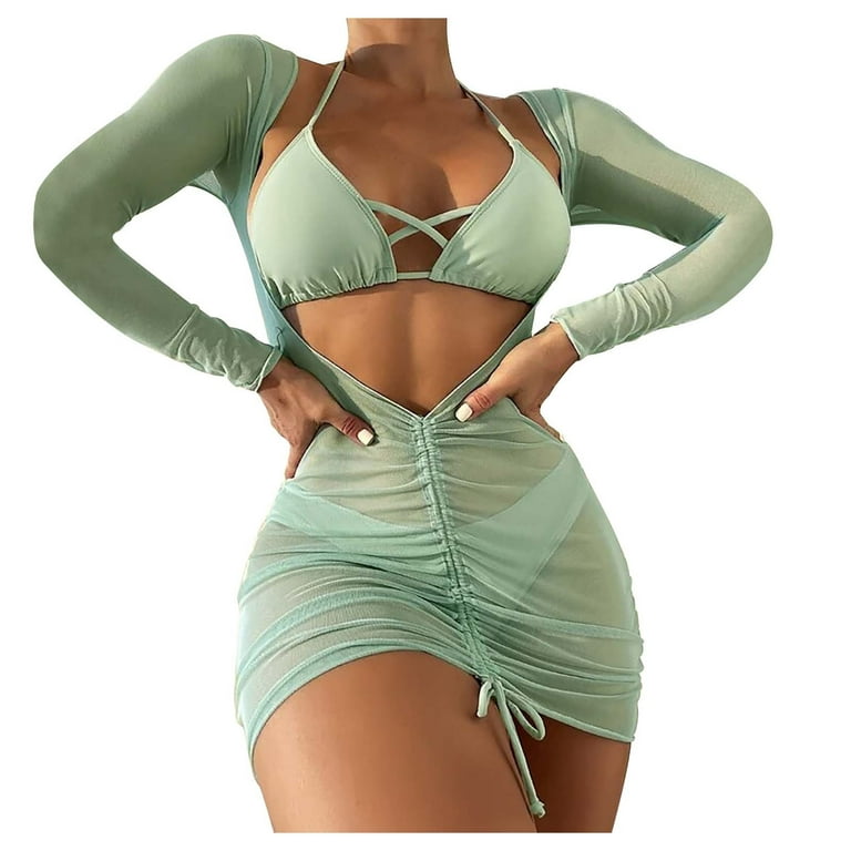 RQYYD Womens 3 Piece Swimsuit Sexy Halter Triangle Bikini High Waist Mesh  Beach Swimwear Bathing Suit Cover Up Dress(Mint Green,S)