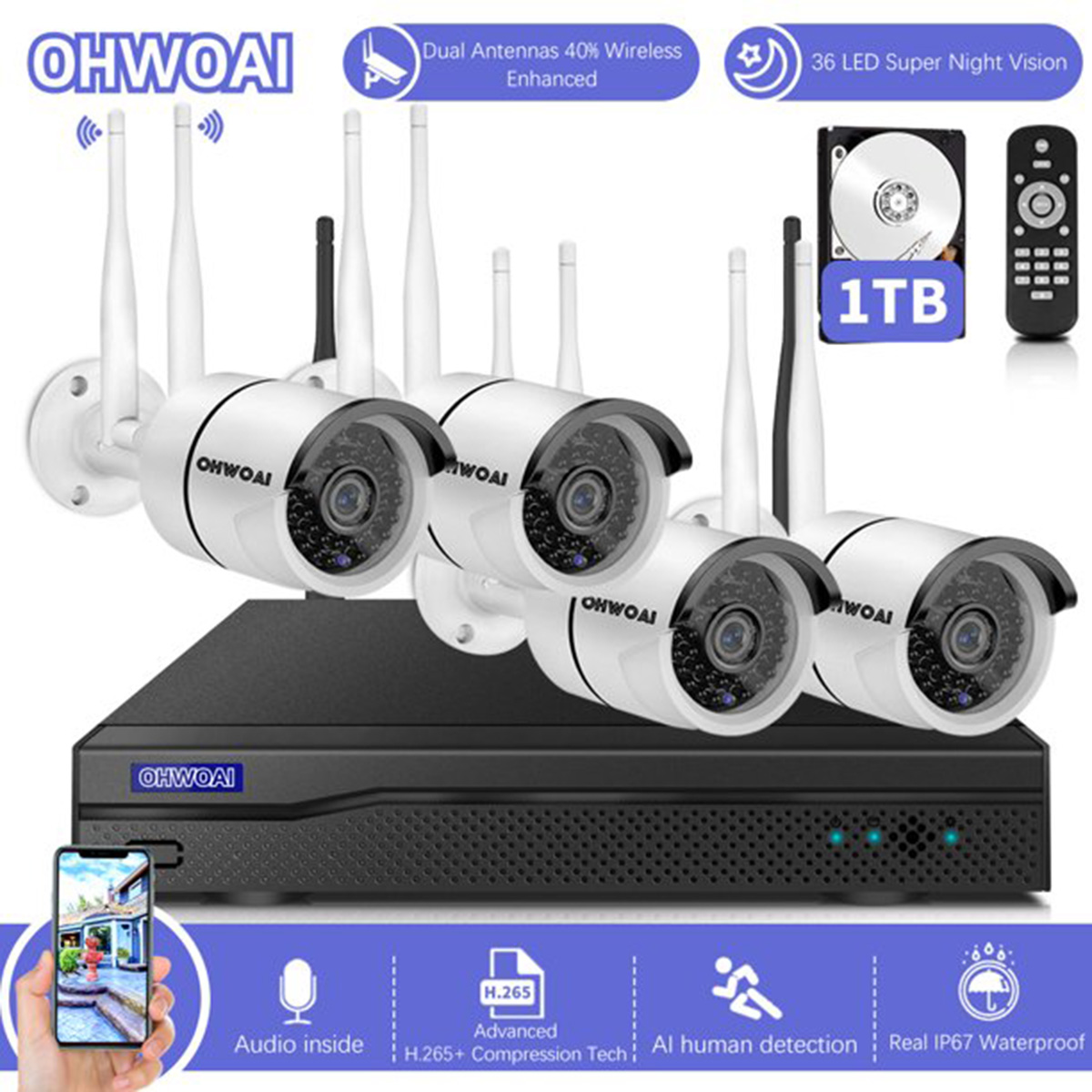 2K Dual Antenna Signal Enhancement Wireless Security Camera System,8