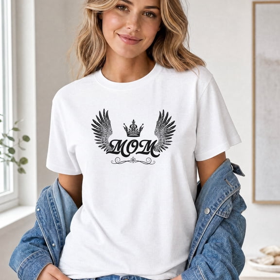 Jollimate Queen Mom Shirt, Angel Wings Crown Graphic Tee, Mother's Day Gift for Women