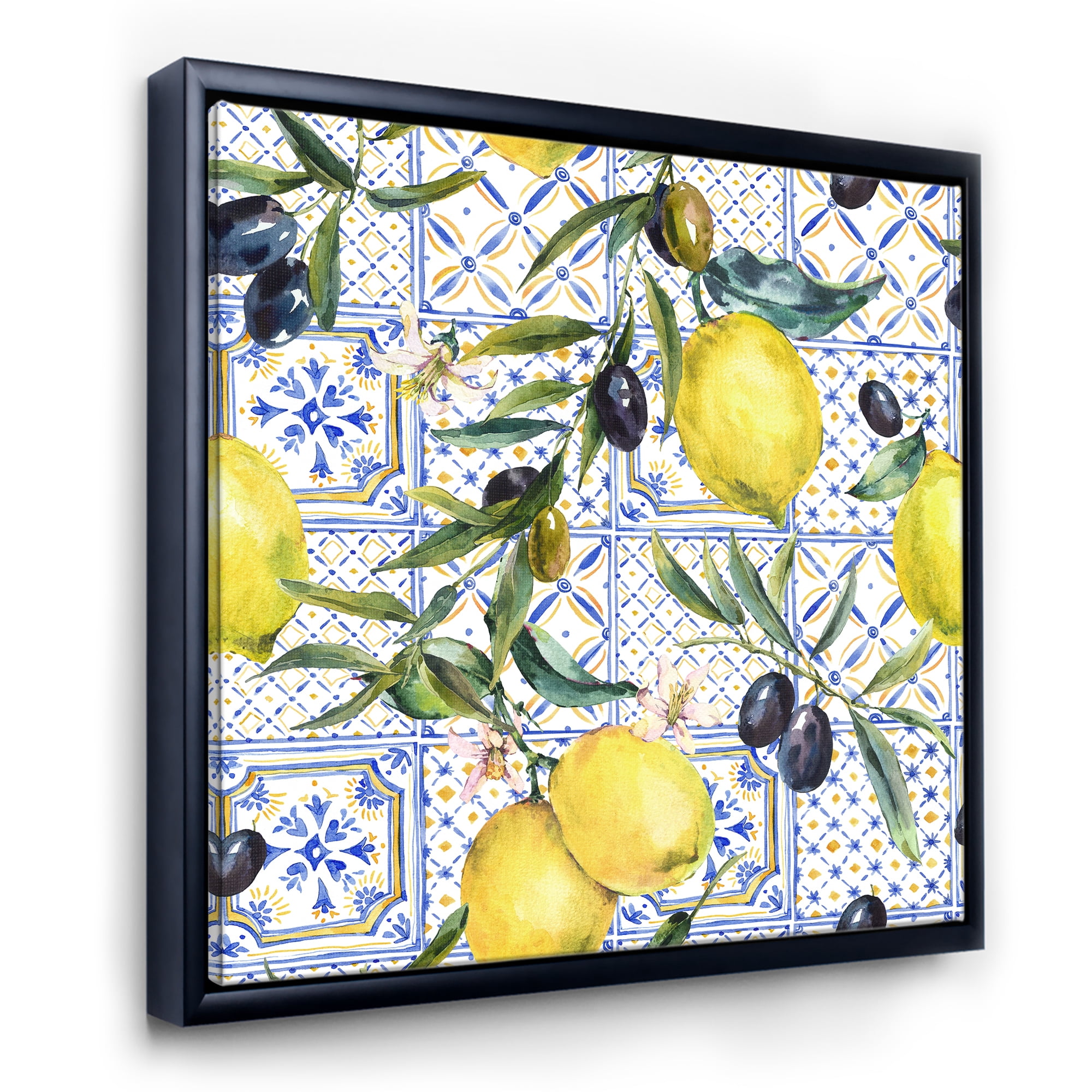 Designart 'Geometrical Pattern of Lemon Ornament On Blue III' Tropical Framed Canvas Wall Art Print
