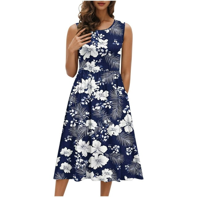 Hyknon Robes d'Été pour Femmes Amples Grande Taille Boho à Imprimé Floral Robes d'Été de Plage Mode Estivale Ligne A Col Rond Sans Manches Plissées Robes Maxi